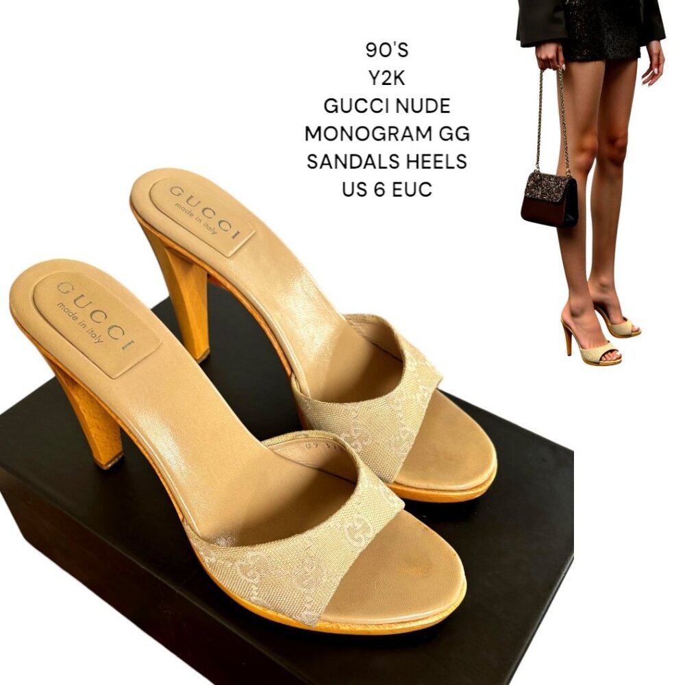 90'S Y2K AUTHENTIC GUCCI NUDE LOGO MONOGRAM SANDALS SLIDES HEELS US 6 EUC